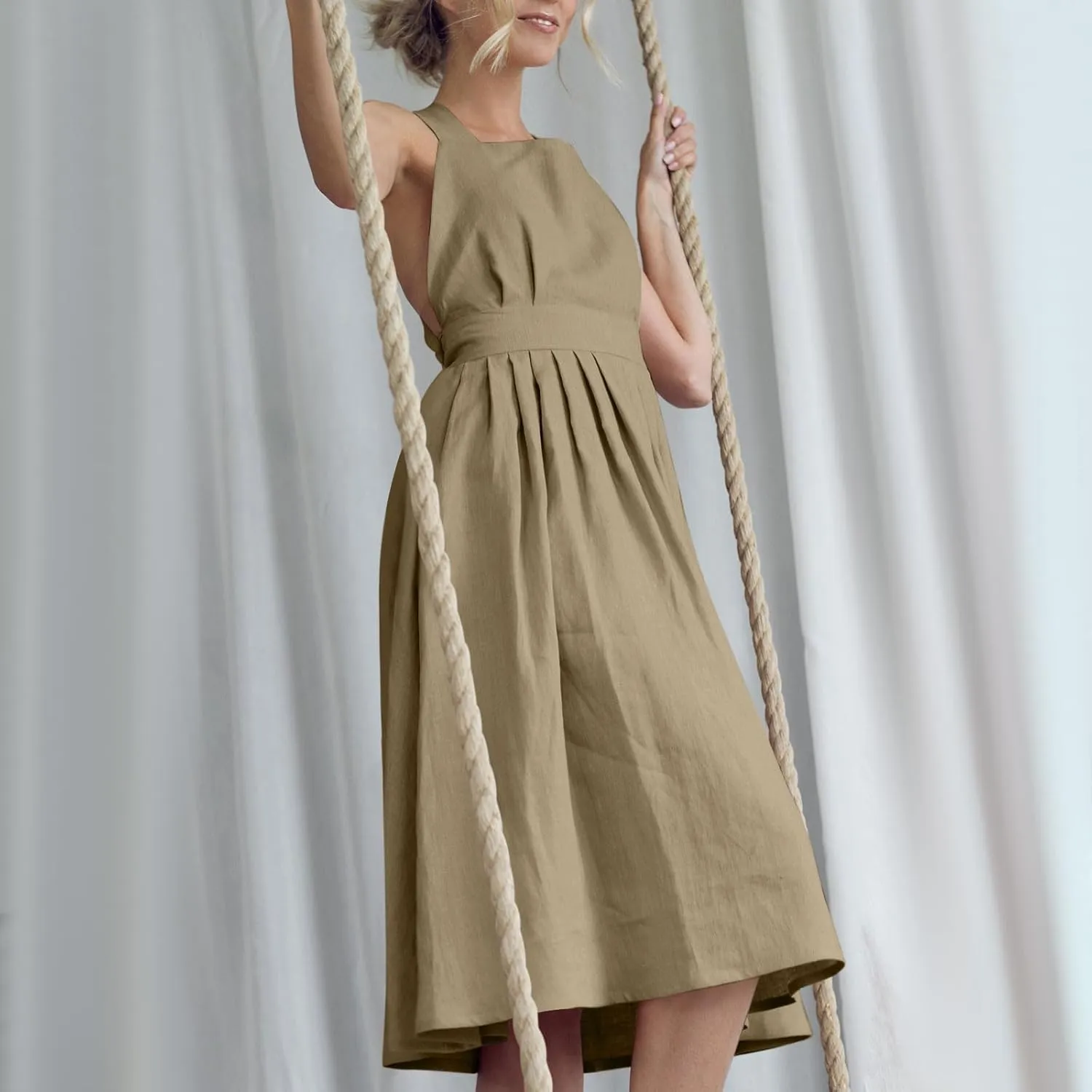 Women Cross Backless A-line Dress Summer Cotton Linen Sleeveless Square Neck Midi Dresses Flowy Pleated Sundress