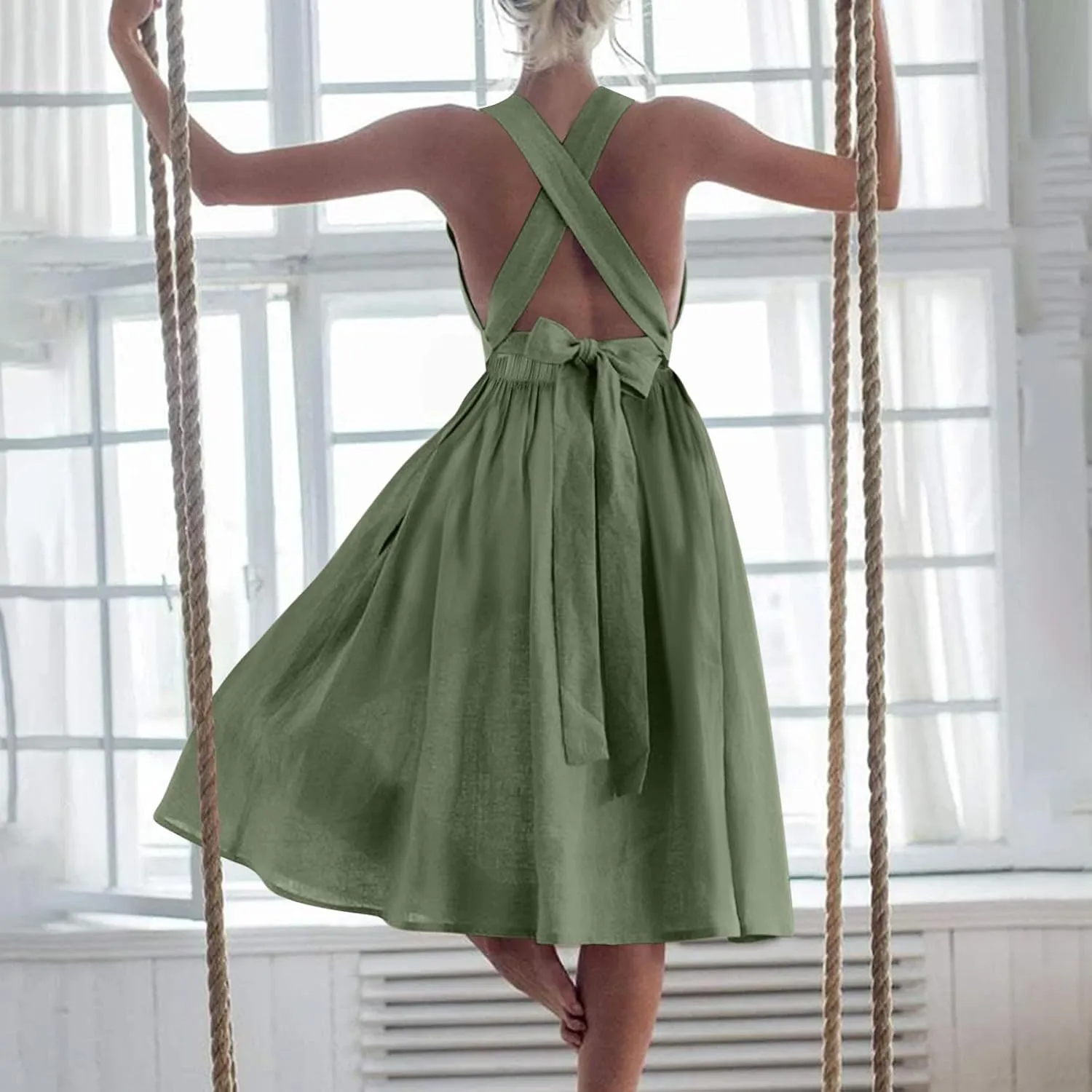 Women Cross Backless A-line Dress Summer Cotton Linen Sleeveless Square Neck Midi Dresses Flowy Pleated Sundress