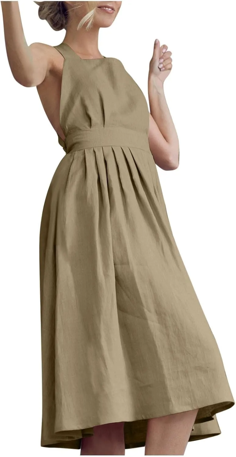Women Cross Backless A-line Dress Summer Cotton Linen Sleeveless Square Neck Midi Dresses Flowy Pleated Sundress