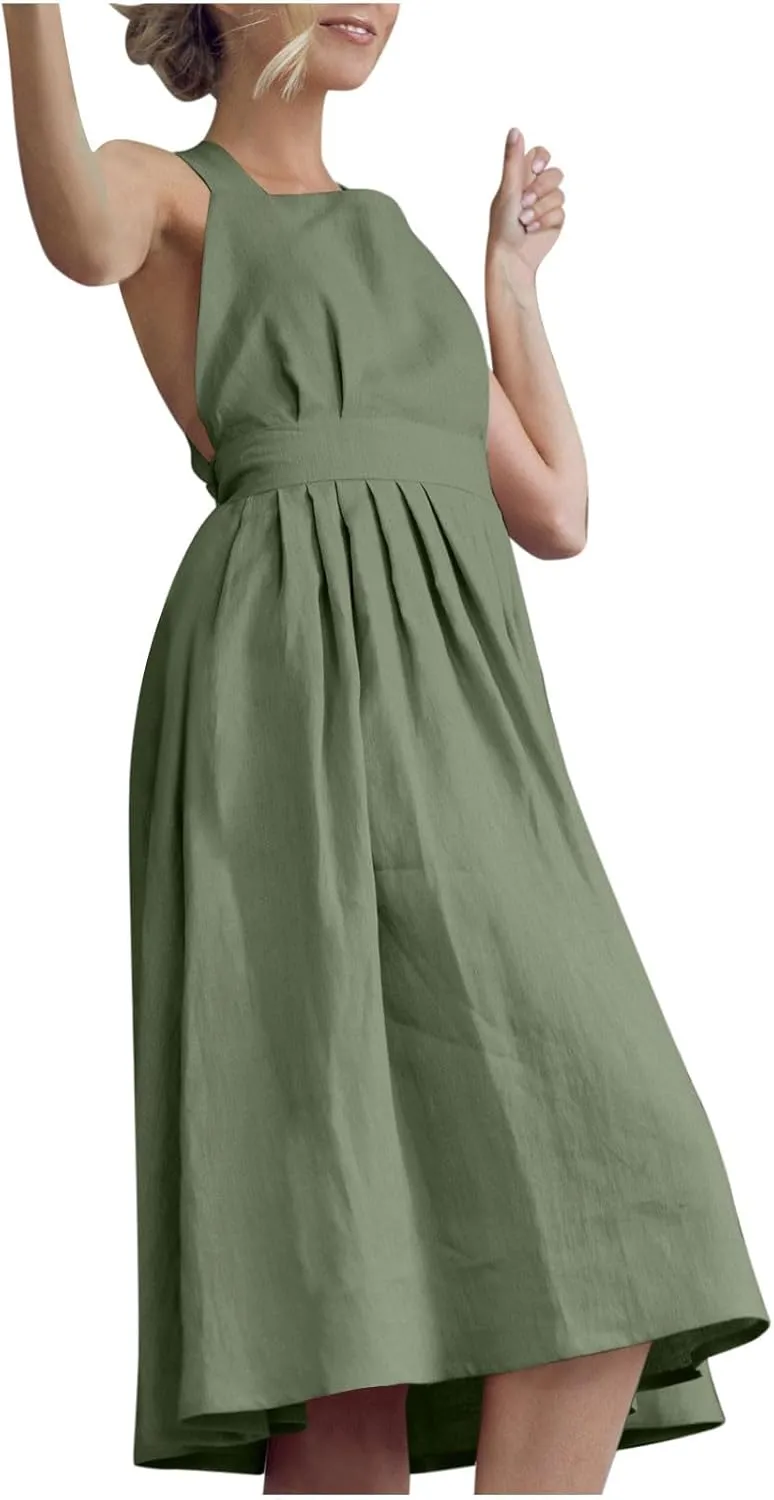 Women Cross Backless A-line Dress Summer Cotton Linen Sleeveless Square Neck Midi Dresses Flowy Pleated Sundress