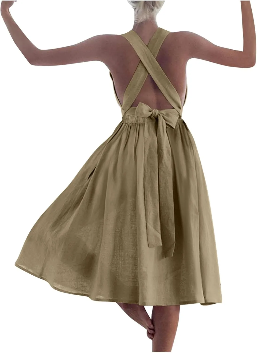 Women Cross Backless A-line Dress Summer Cotton Linen Sleeveless Square Neck Midi Dresses Flowy Pleated Sundress