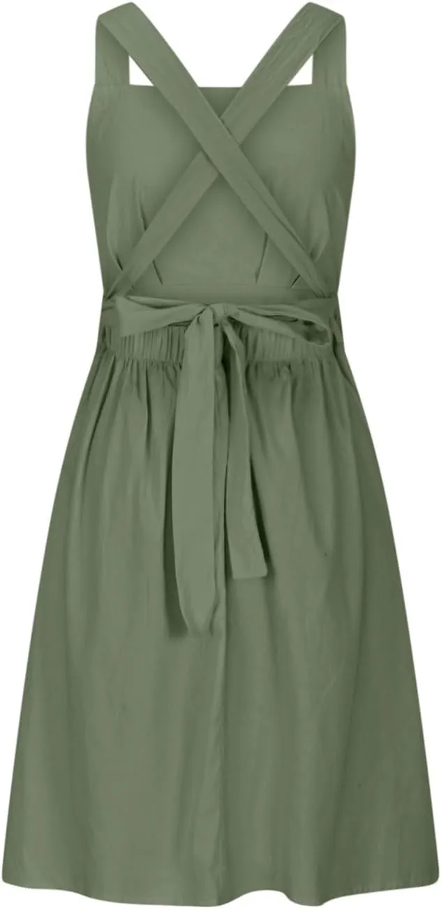 Women Cross Backless A-line Dress Summer Cotton Linen Sleeveless Square Neck Midi Dresses Flowy Pleated Sundress