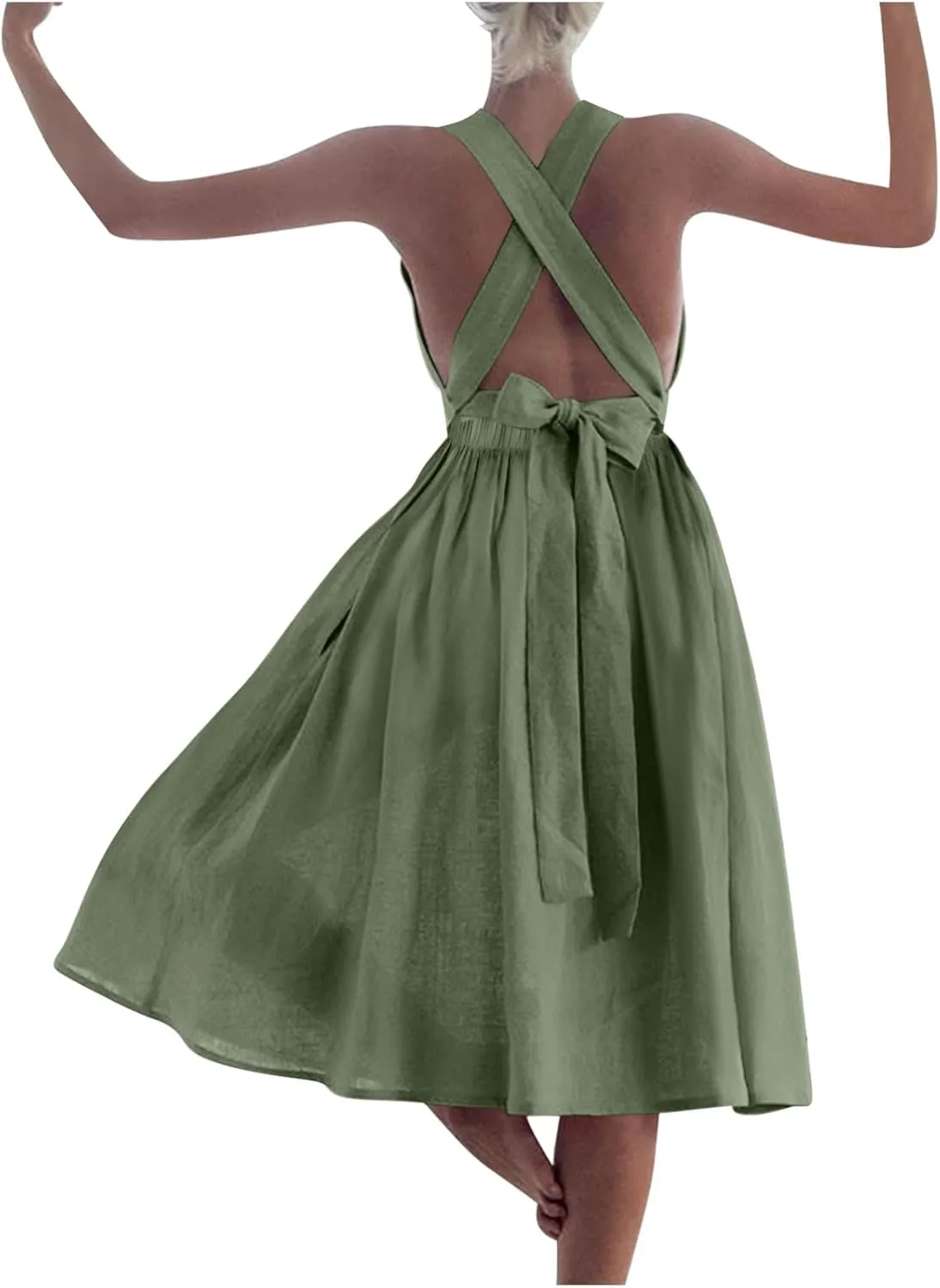 Women Cross Backless A-line Dress Summer Cotton Linen Sleeveless Square Neck Midi Dresses Flowy Pleated Sundress