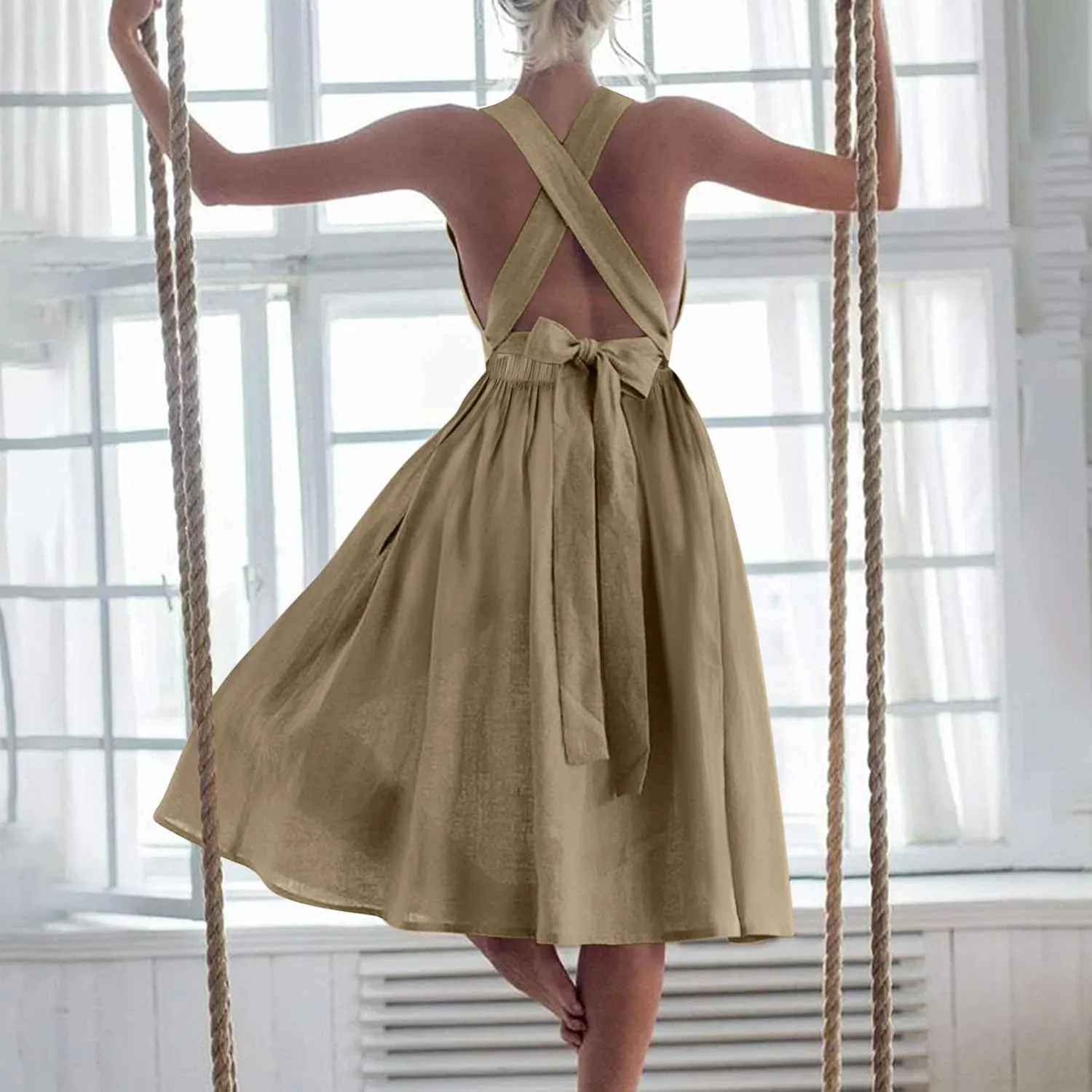 Women Cross Backless A-line Dress Summer Cotton Linen Sleeveless Square Neck Midi Dresses Flowy Pleated Sundress