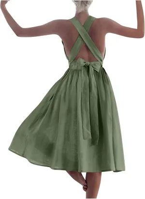 Women Cross Backless A-line Dress Summer Cotton Linen Sleeveless Square Neck Midi Dresses Flowy Pleated Sundress