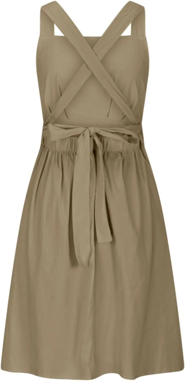 Women Cross Backless A-line Dress Summer Cotton Linen Sleeveless Square Neck Midi Dresses Flowy Pleated Sundress