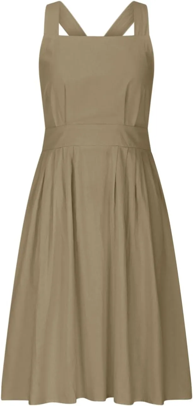 Women Cross Backless A-line Dress Summer Cotton Linen Sleeveless Square Neck Midi Dresses Flowy Pleated Sundress