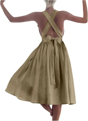 Women Cross Backless A-line Dress Summer Cotton Linen Sleeveless Square Neck Midi Dresses Flowy Pleated Sundress