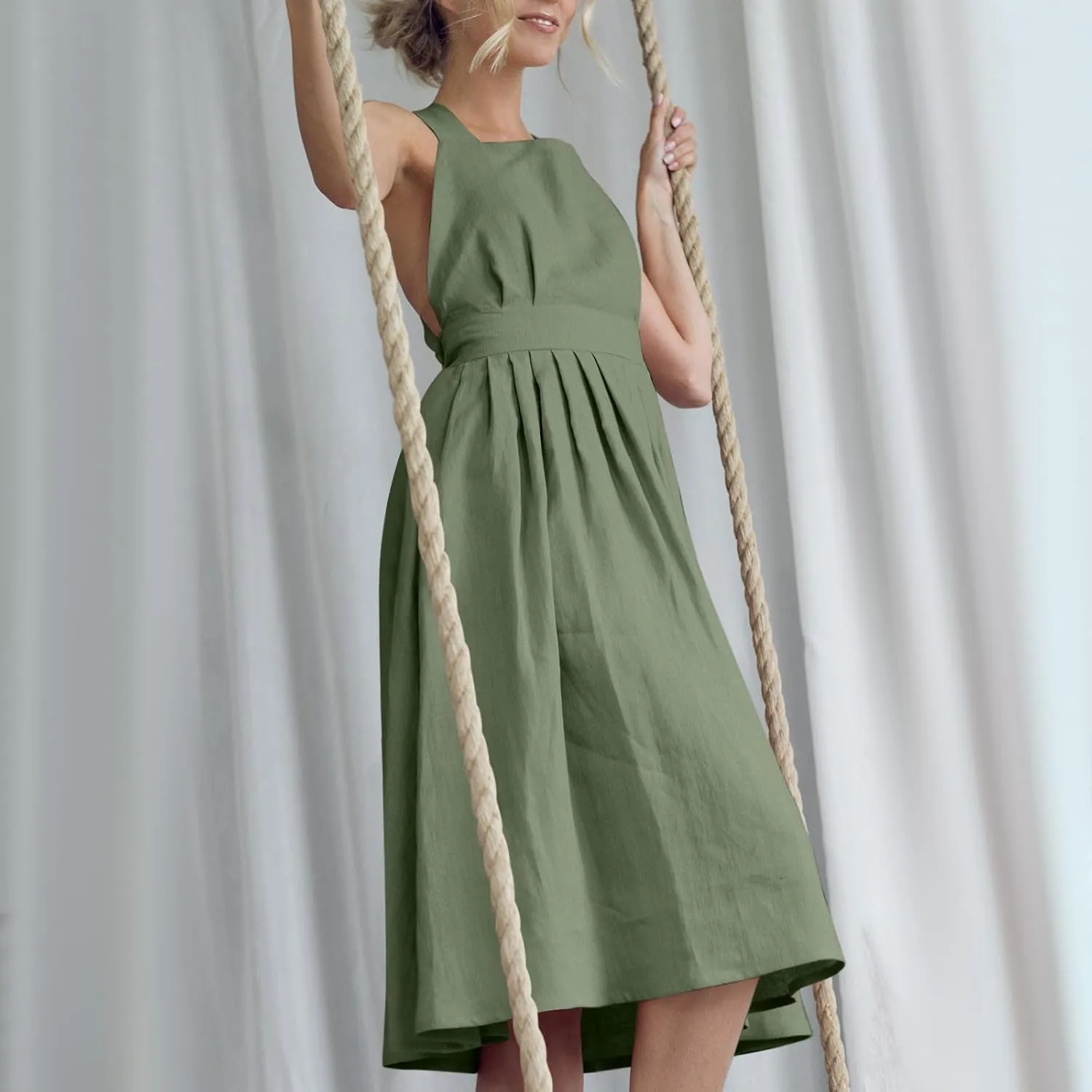 Women Cross Backless A-line Dress Summer Cotton Linen Sleeveless Square Neck Midi Dresses Flowy Pleated Sundress
