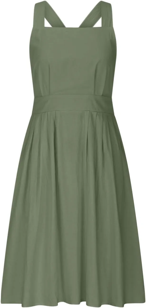 Women Cross Backless A-line Dress Summer Cotton Linen Sleeveless Square Neck Midi Dresses Flowy Pleated Sundress