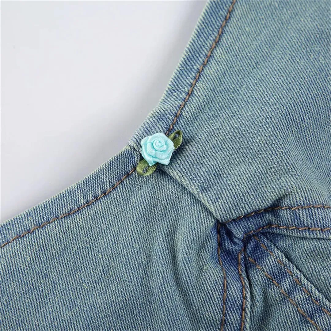 Women Denim Tube Ruched Mini Sleeveless Backless Ruffle Bodycon Cowboy Jeans Dress