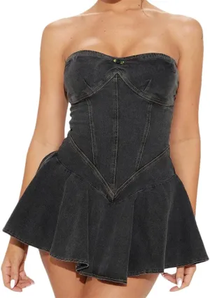 Women Denim Tube Ruched Mini Sleeveless Backless Ruffle Bodycon Cowboy Jeans Dress