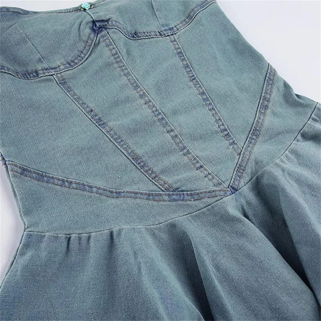 Women Denim Tube Ruched Mini Sleeveless Backless Ruffle Bodycon Cowboy Jeans Dress
