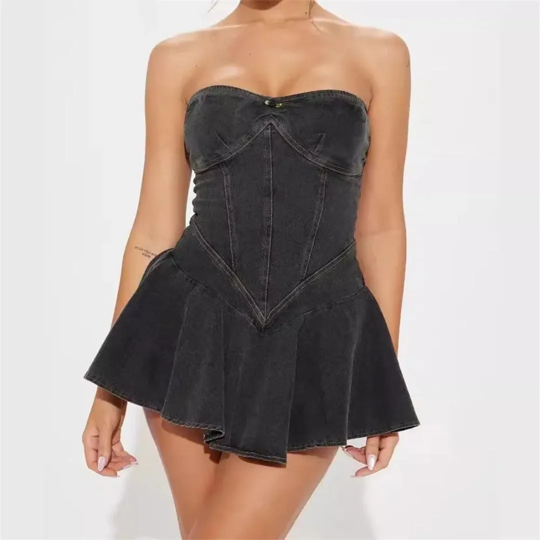 Women Denim Tube Ruched Mini Sleeveless Backless Ruffle Bodycon Cowboy Jeans Dress
