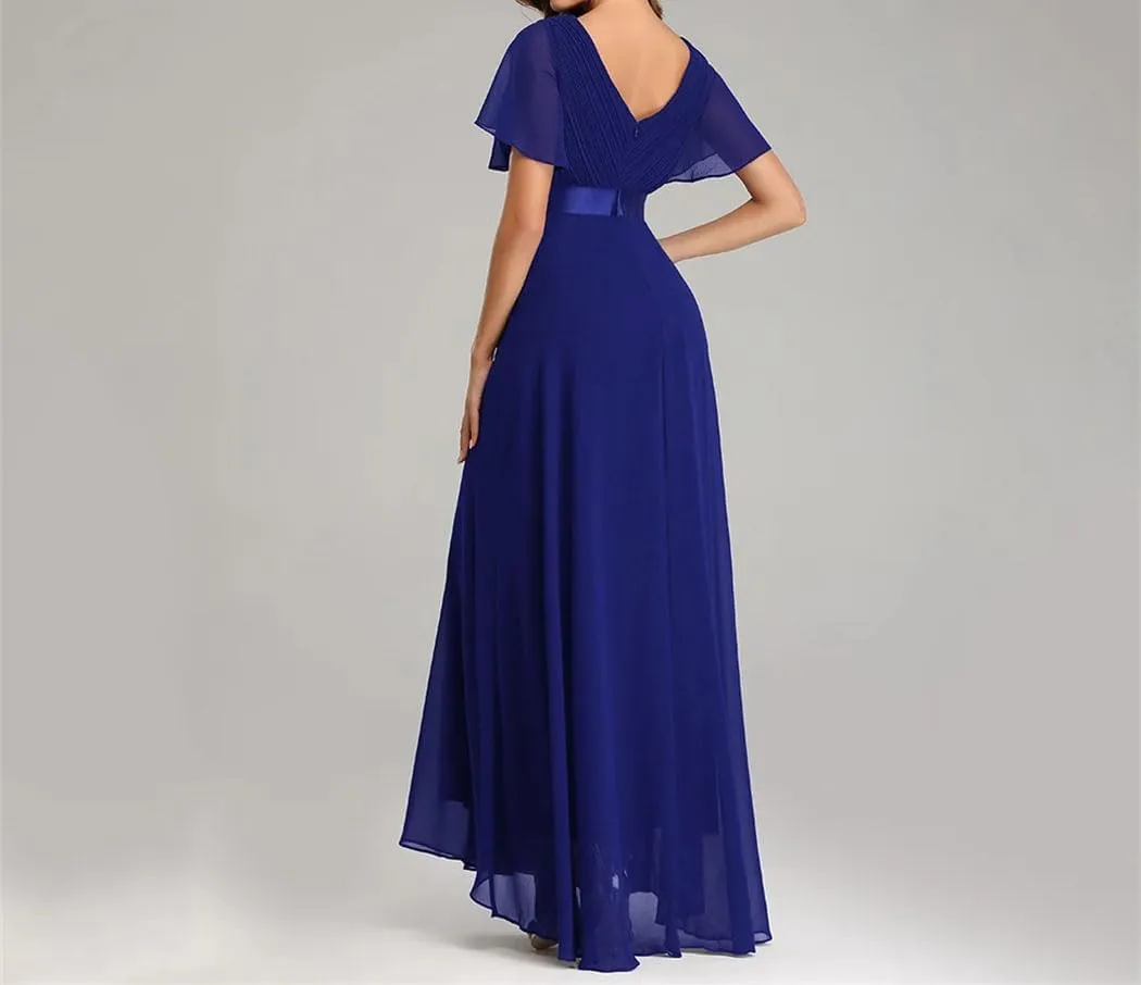 Women Elegant V-Neck Ruffles Chiffon Dresses Summer Formal Wedding Party Evening Gown Dress