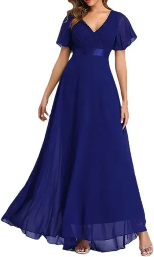 Women Elegant V-Neck Ruffles Chiffon Dresses Summer Formal Wedding Party Evening Gown Dress