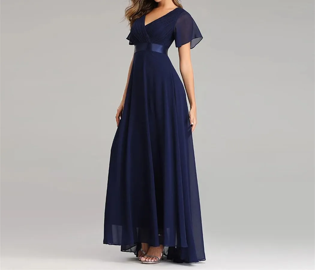 Women Elegant V-Neck Ruffles Chiffon Dresses Summer Formal Wedding Party Evening Gown Dress
