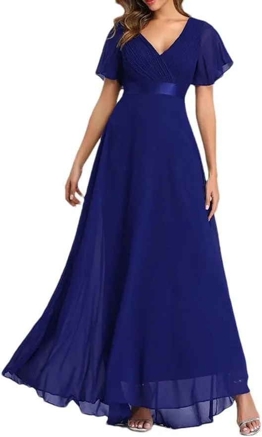 Women Elegant V-Neck Ruffles Chiffon Dresses Summer Formal Wedding Party Evening Gown Dress