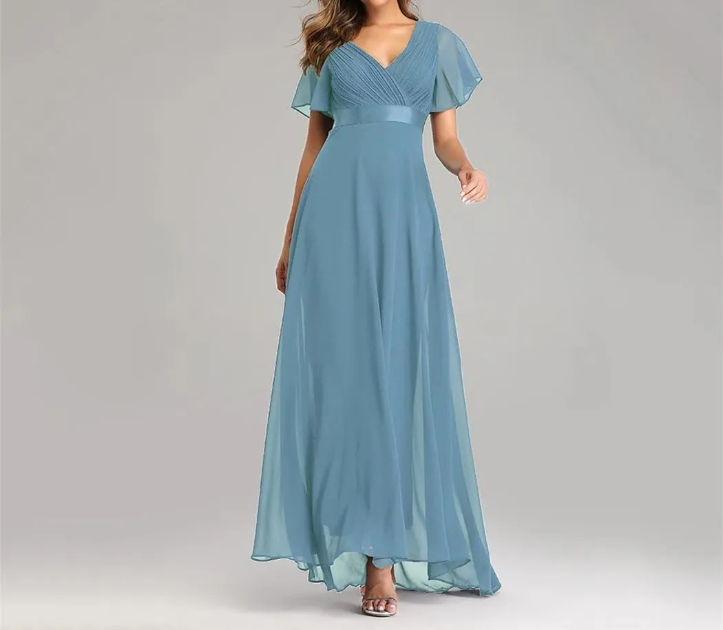 Women Elegant V-Neck Ruffles Chiffon Dresses Summer Formal Wedding Party Evening Gown Dress