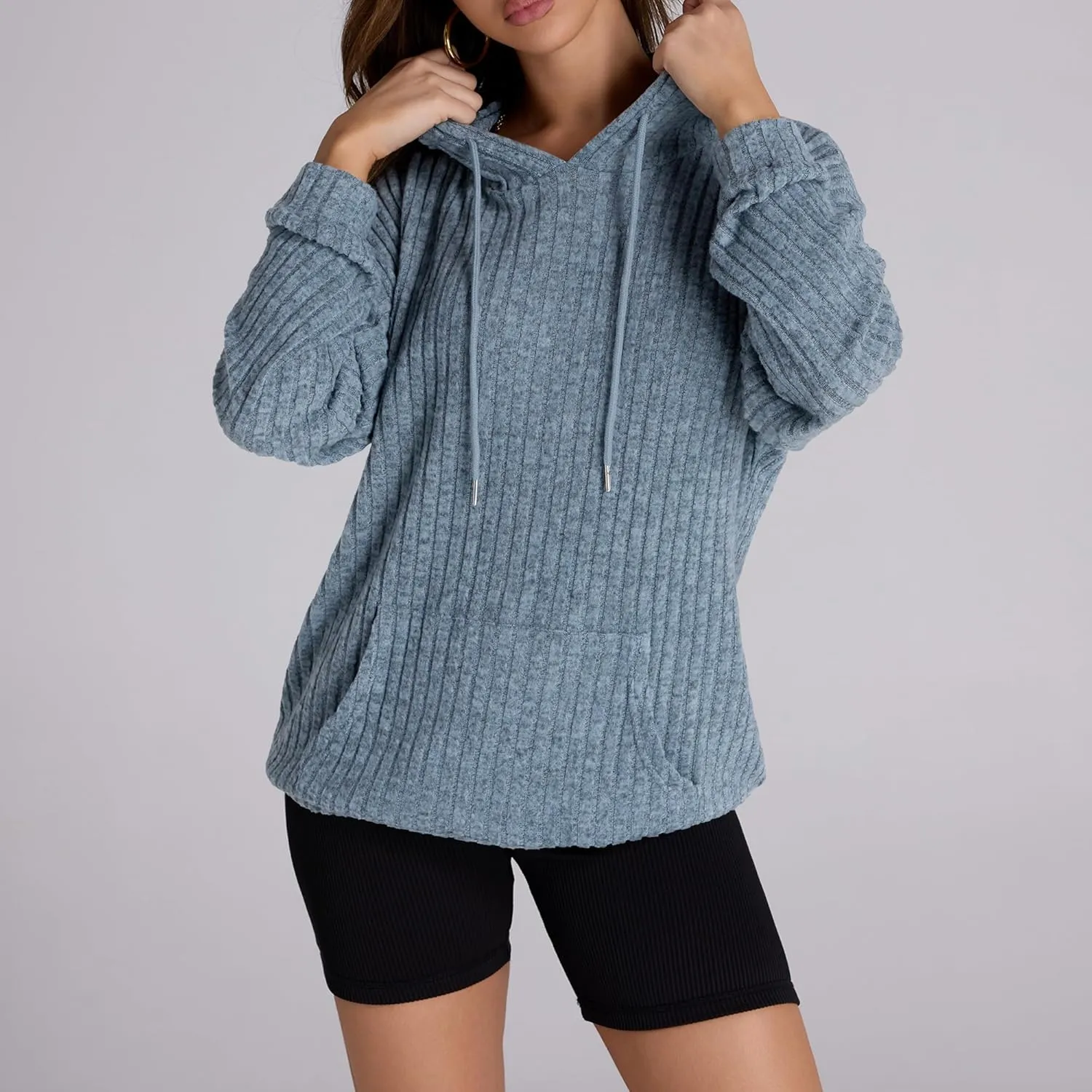 Women Hoodies Oversized Long Sleeve Drawstring Pullover Tops Basic Loose Hooded Sweatshirt with Pocket
