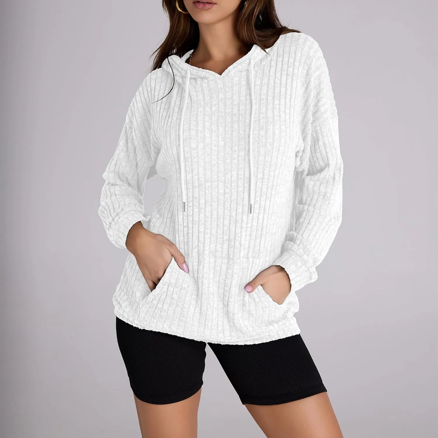 Women Hoodies Oversized Long Sleeve Drawstring Pullover Tops Basic Loose Hooded Sweatshirt with Pocket