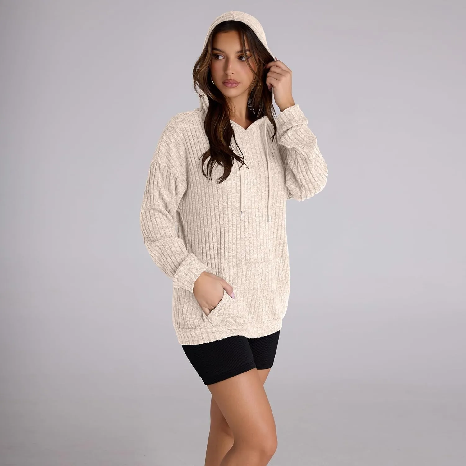 Women Hoodies Oversized Long Sleeve Drawstring Pullover Tops Basic Loose Hooded Sweatshirt with Pocket