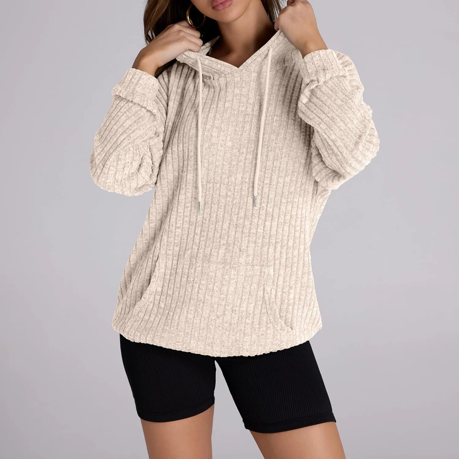 Women Hoodies Oversized Long Sleeve Drawstring Pullover Tops Basic Loose Hooded Sweatshirt with Pocket