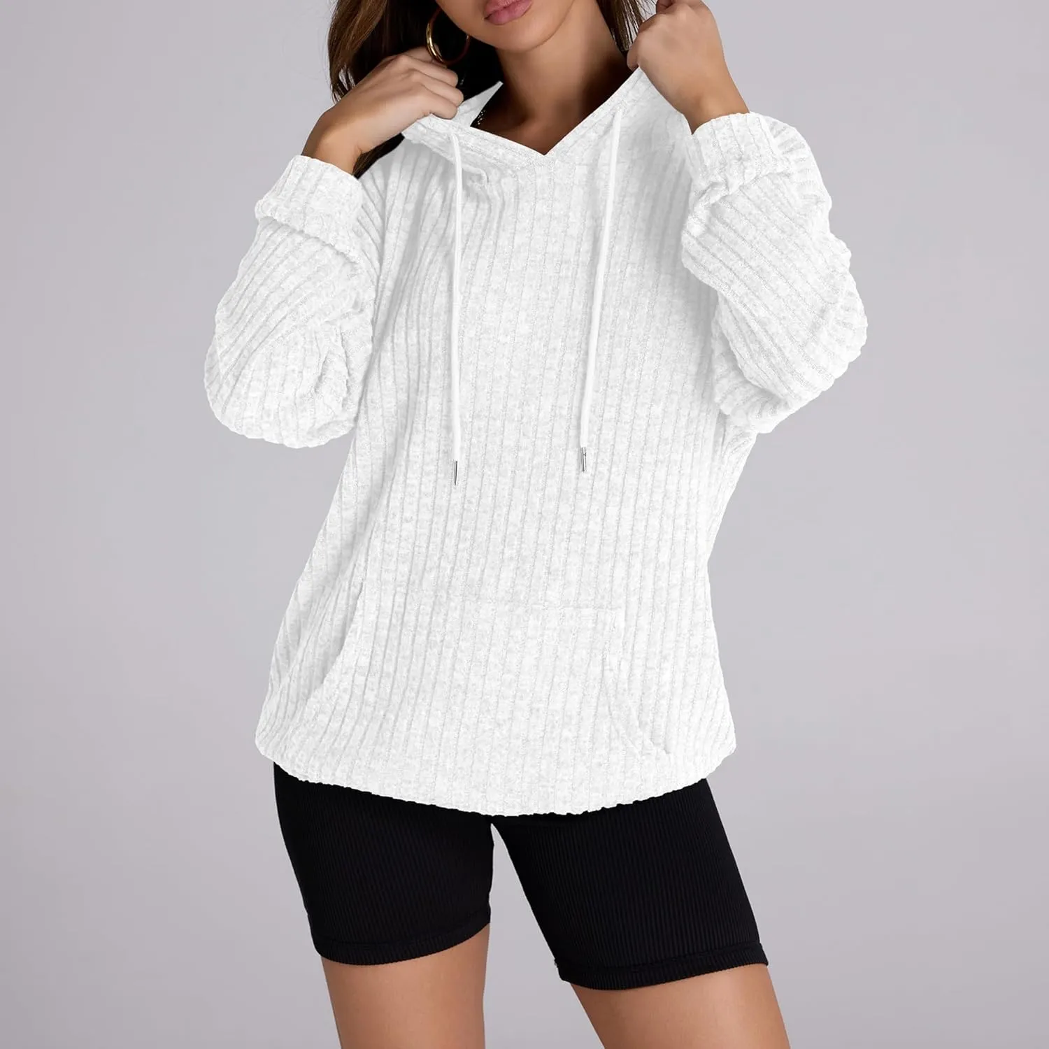 Women Hoodies Oversized Long Sleeve Drawstring Pullover Tops Basic Loose Hooded Sweatshirt with Pocket