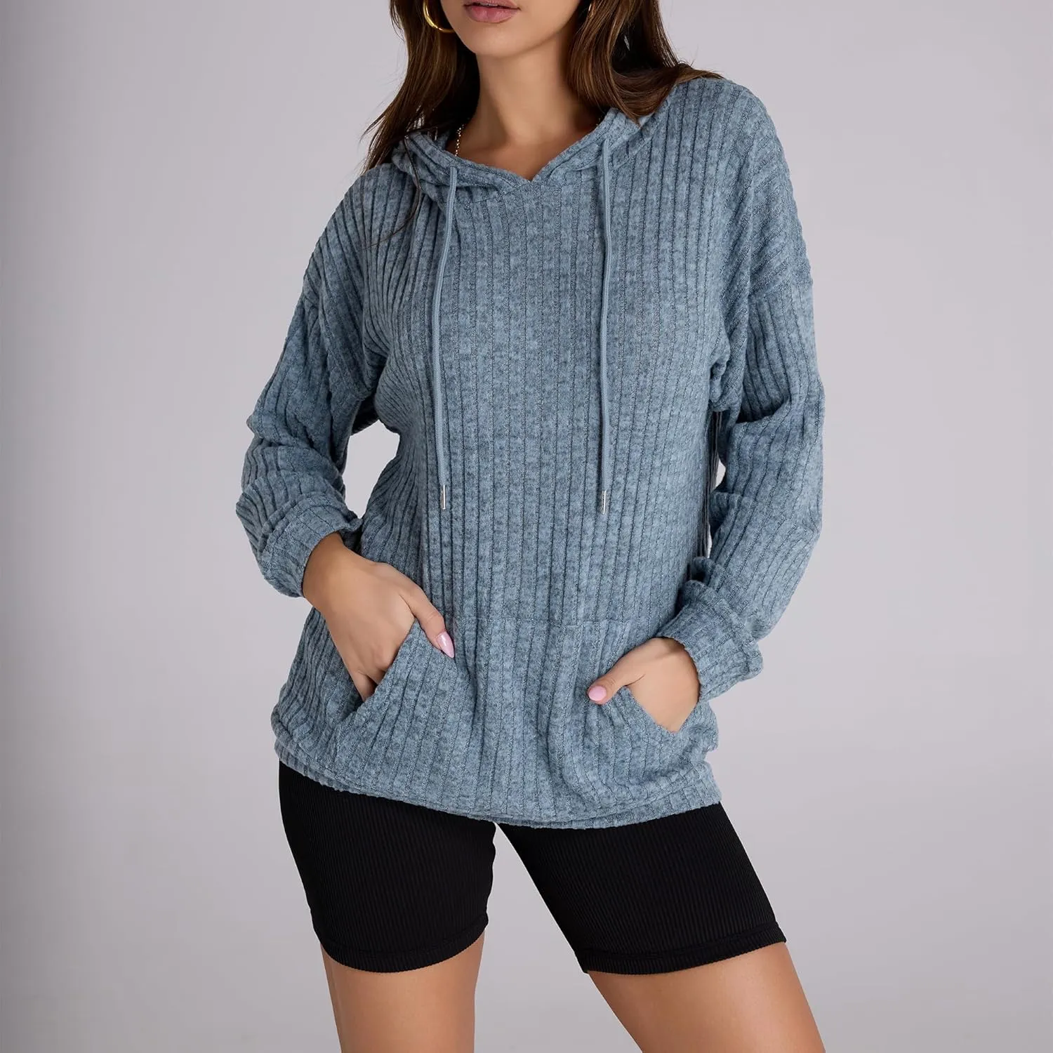 Women Hoodies Oversized Long Sleeve Drawstring Pullover Tops Basic Loose Hooded Sweatshirt with Pocket