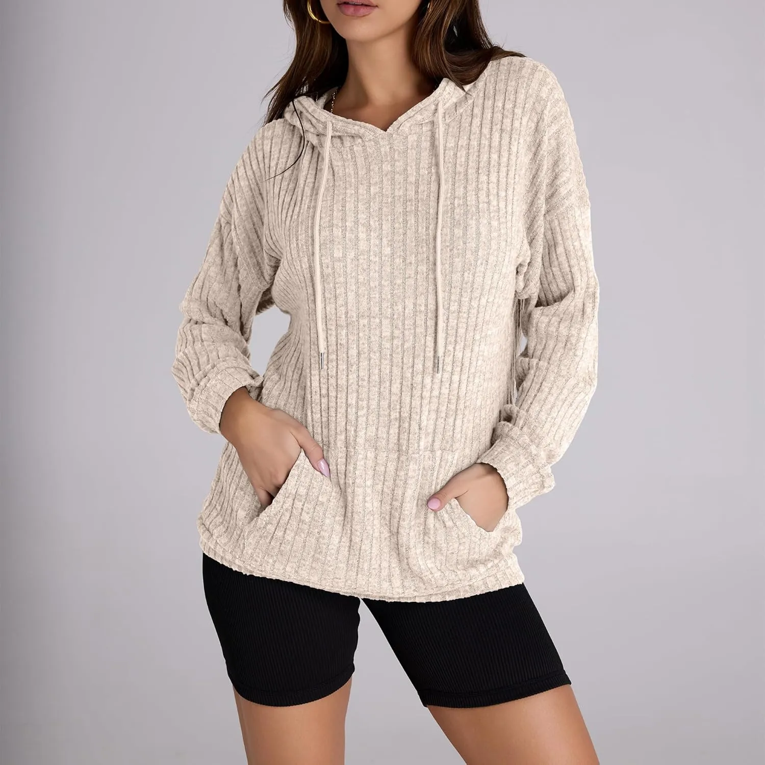 Women Hoodies Oversized Long Sleeve Drawstring Pullover Tops Basic Loose Hooded Sweatshirt with Pocket