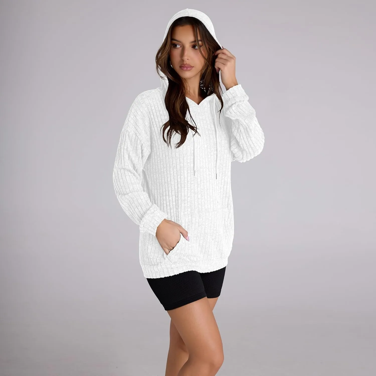 Women Hoodies Oversized Long Sleeve Drawstring Pullover Tops Basic Loose Hooded Sweatshirt with Pocket