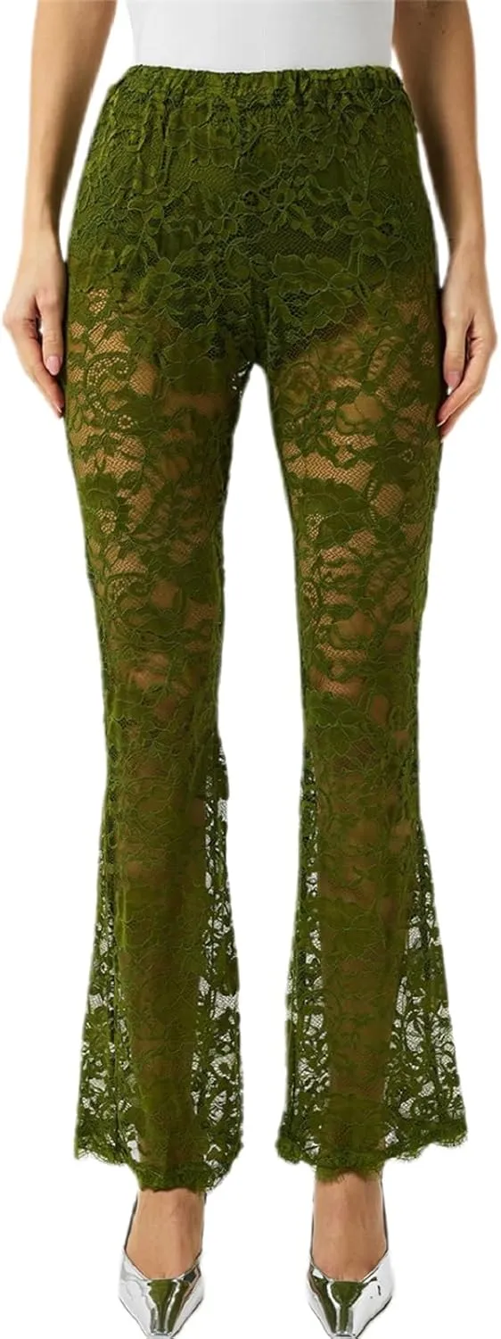 Women Lace Pants High Waist Sexy See Through Lace Sheer Trousers Hollow Cover Up Pants Clubwear