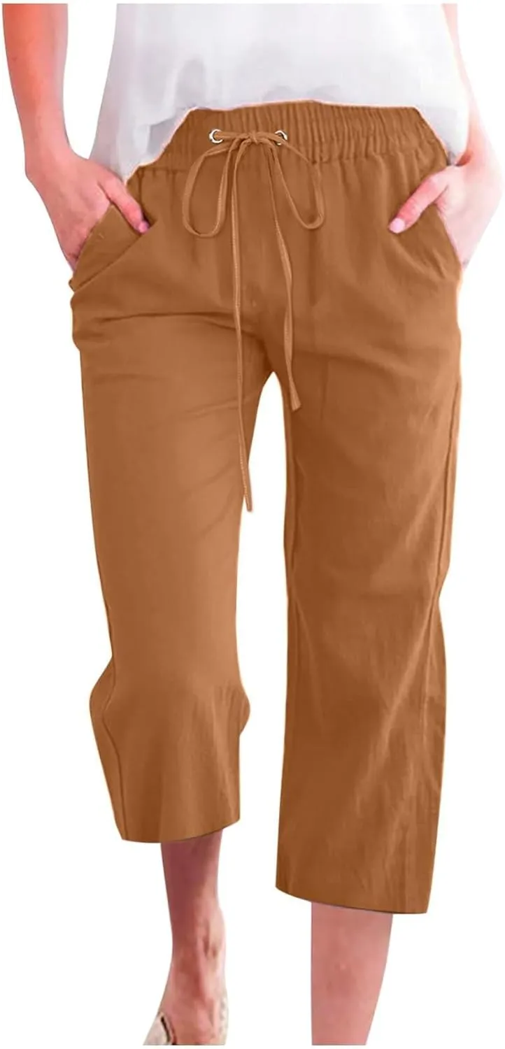 Women Linen Pants Cropped Pants Cotton High Waisted Dressy Trousers Casual Loose Summer Lounge Trousers