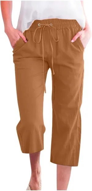 Women Linen Pants Cropped Pants Cotton High Waisted Dressy Trousers Casual Loose Summer Lounge Trousers