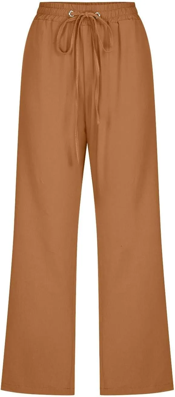 Women Linen Pants Cropped Pants Cotton High Waisted Dressy Trousers Casual Loose Summer Lounge Trousers