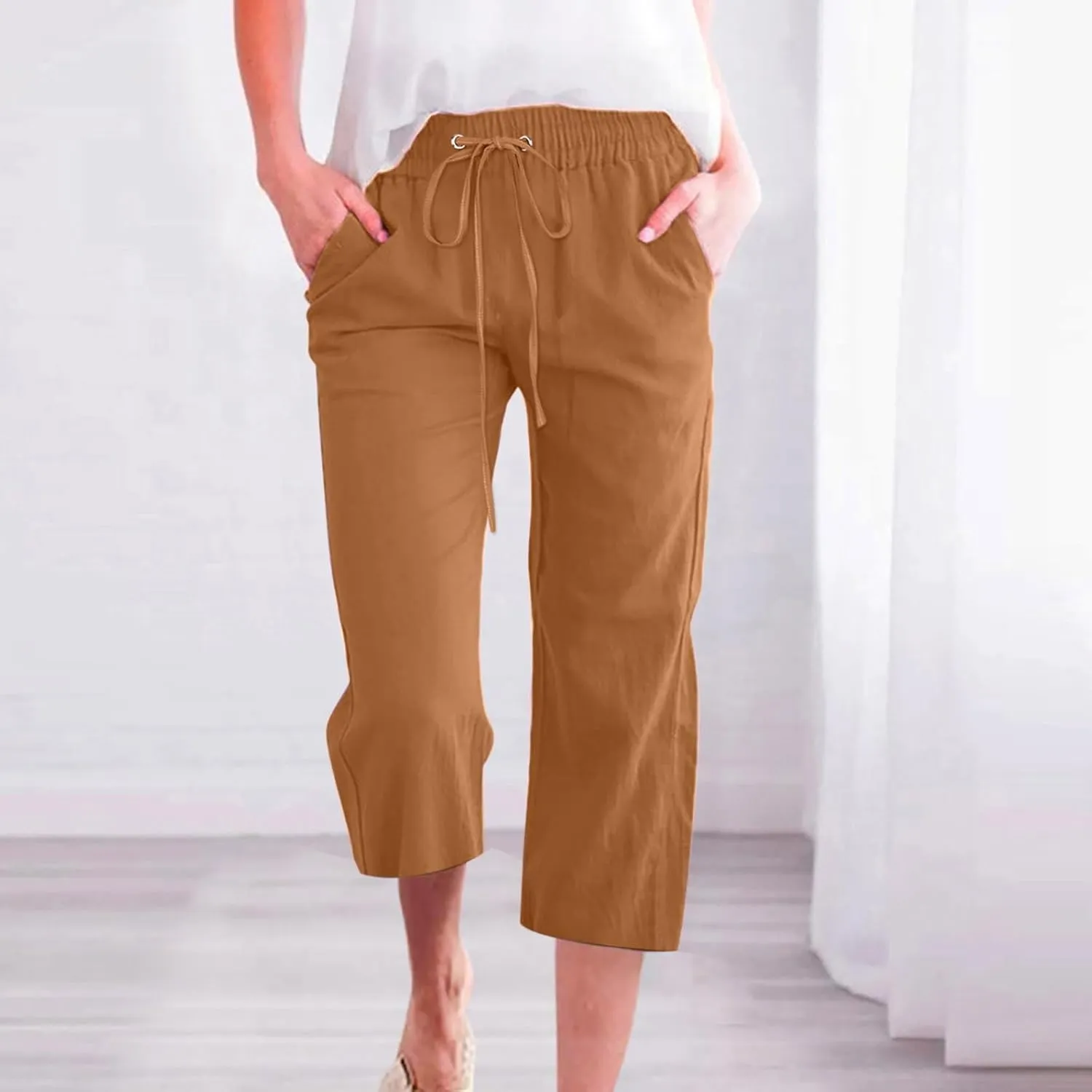 Women Linen Pants Cropped Pants Cotton High Waisted Dressy Trousers Casual Loose Summer Lounge Trousers