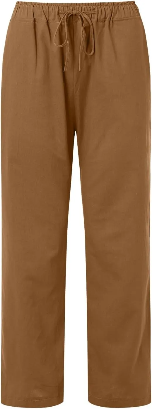 Women Linen Summer Loose Flowy Pants Low Waist Bootcut Slim-Fit Palazzo Lounge Pants Travel