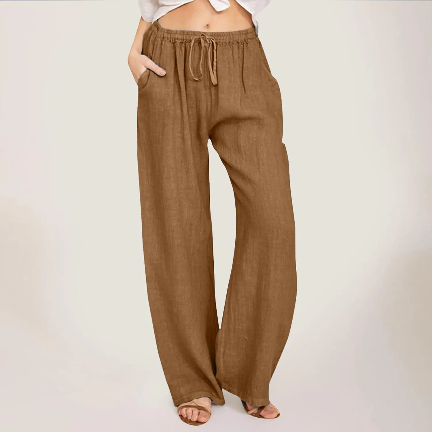 Women Linen Summer Loose Flowy Pants Low Waist Bootcut Slim-Fit Palazzo Lounge Pants Travel