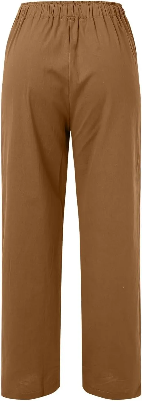 Women Linen Summer Loose Flowy Pants Low Waist Bootcut Slim-Fit Palazzo Lounge Pants Travel
