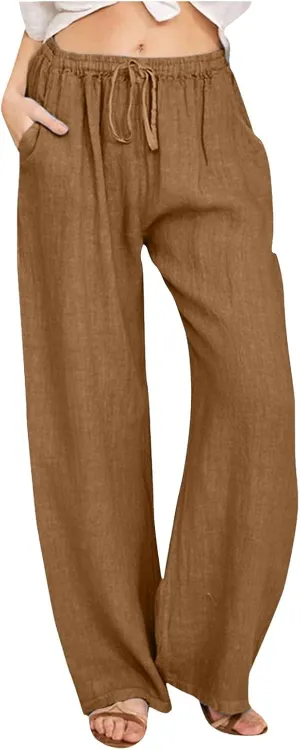 Women Linen Summer Loose Flowy Pants Low Waist Bootcut Slim-Fit Palazzo Lounge Pants Travel