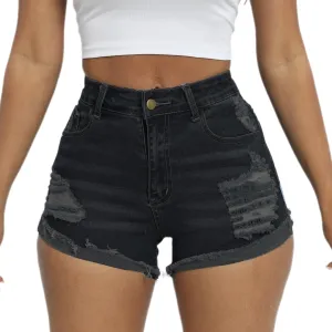 Women Mid Rise Stretchy Denim Shorts Ripped Hem Folded Frayed Distressed Short Jeans
