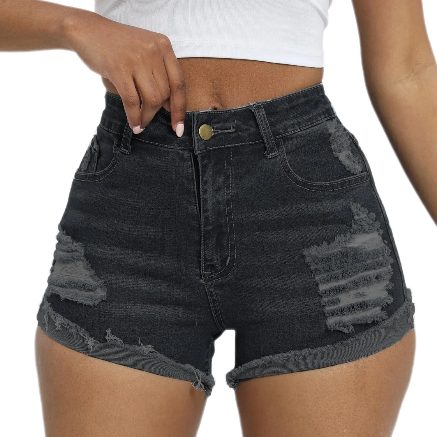 Women Mid Rise Stretchy Denim Shorts Ripped Hem Folded Frayed Distressed Short Jeans