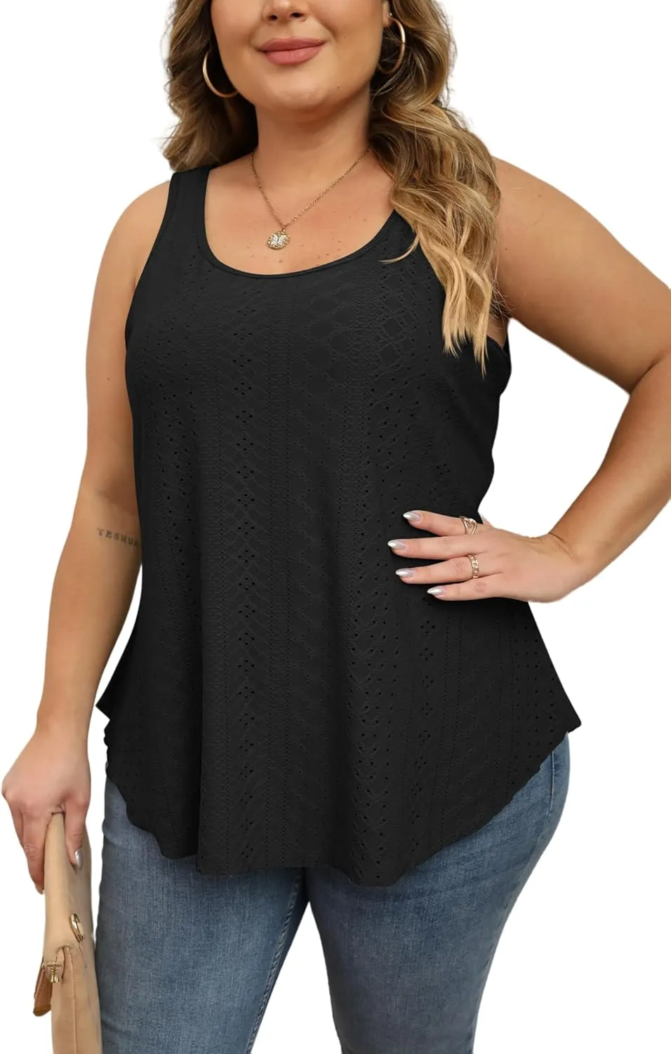 Women Plus Size Fashion Eyelet Tank Tops Flowy Scoop Neck Loose Fit Tank-Top Sleeveless Cami Camisole Shirts 1X-5X