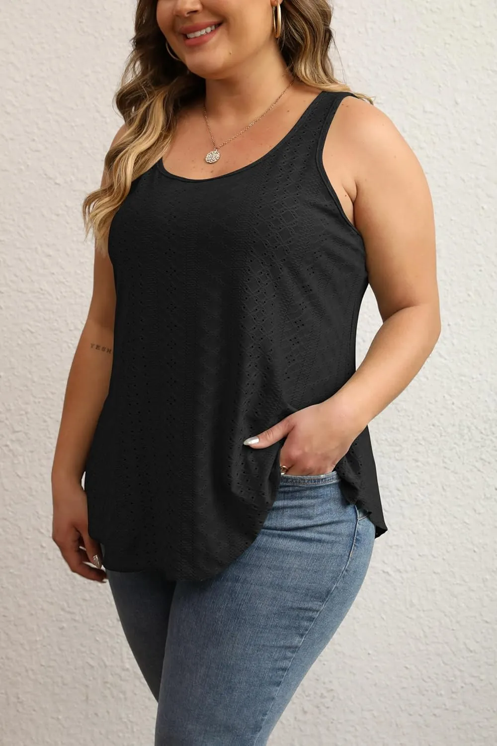 Women Plus Size Fashion Eyelet Tank Tops Flowy Scoop Neck Loose Fit Tank-Top Sleeveless Cami Camisole Shirts 1X-5X