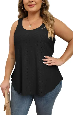 Women Plus Size Fashion Eyelet Tank Tops Flowy Scoop Neck Loose Fit Tank-Top Sleeveless Cami Camisole Shirts 1X-5X
