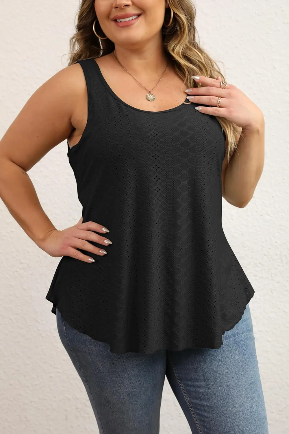 Women Plus Size Fashion Eyelet Tank Tops Flowy Scoop Neck Loose Fit Tank-Top Sleeveless Cami Camisole Shirts 1X-5X