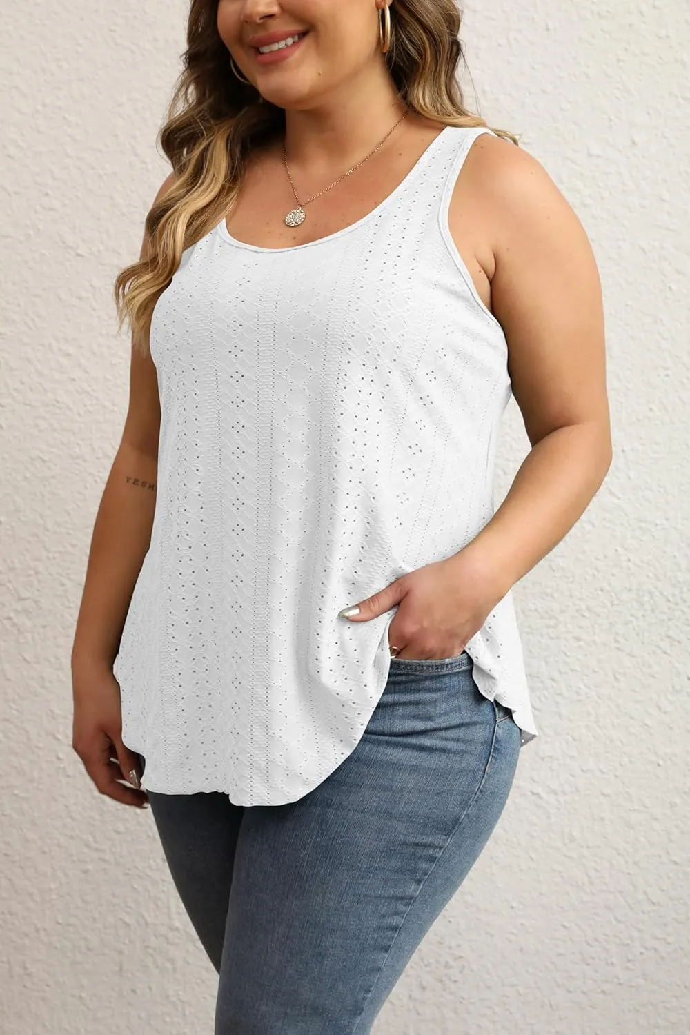 Women Plus Size Fashion Eyelet Tank Tops Flowy Scoop Neck Loose Fit Tank-Top Sleeveless Cami Camisole Shirts 1X-5X
