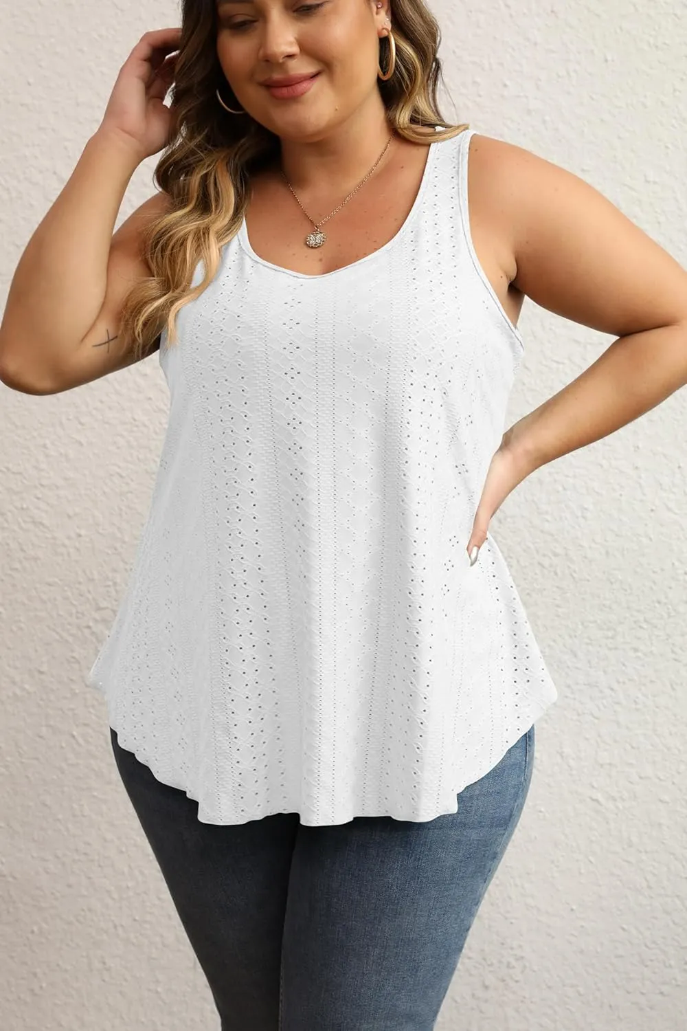 Women Plus Size Fashion Eyelet Tank Tops Flowy Scoop Neck Loose Fit Tank-Top Sleeveless Cami Camisole Shirts 1X-5X