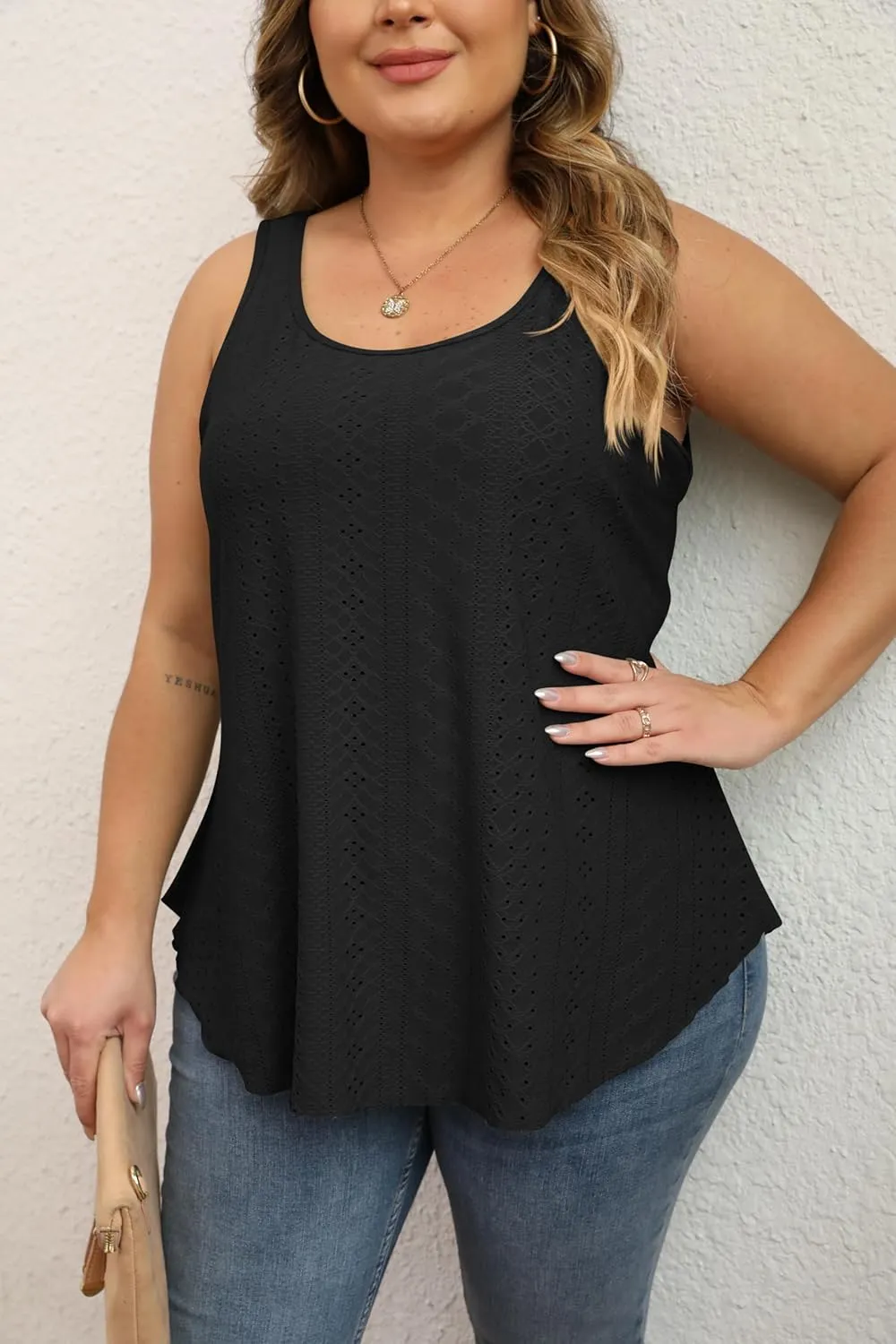 Women Plus Size Fashion Eyelet Tank Tops Flowy Scoop Neck Loose Fit Tank-Top Sleeveless Cami Camisole Shirts 1X-5X