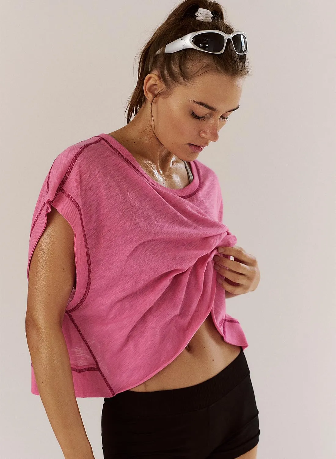 Women Short Sleeve Workout Shirts Open Back Tops Casual Yoga Y2k Athletic Gym Slouchy Crop Running Tees